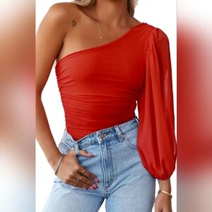 Size Small Women's One Shoulder Mesh Long Sleeve Top Red